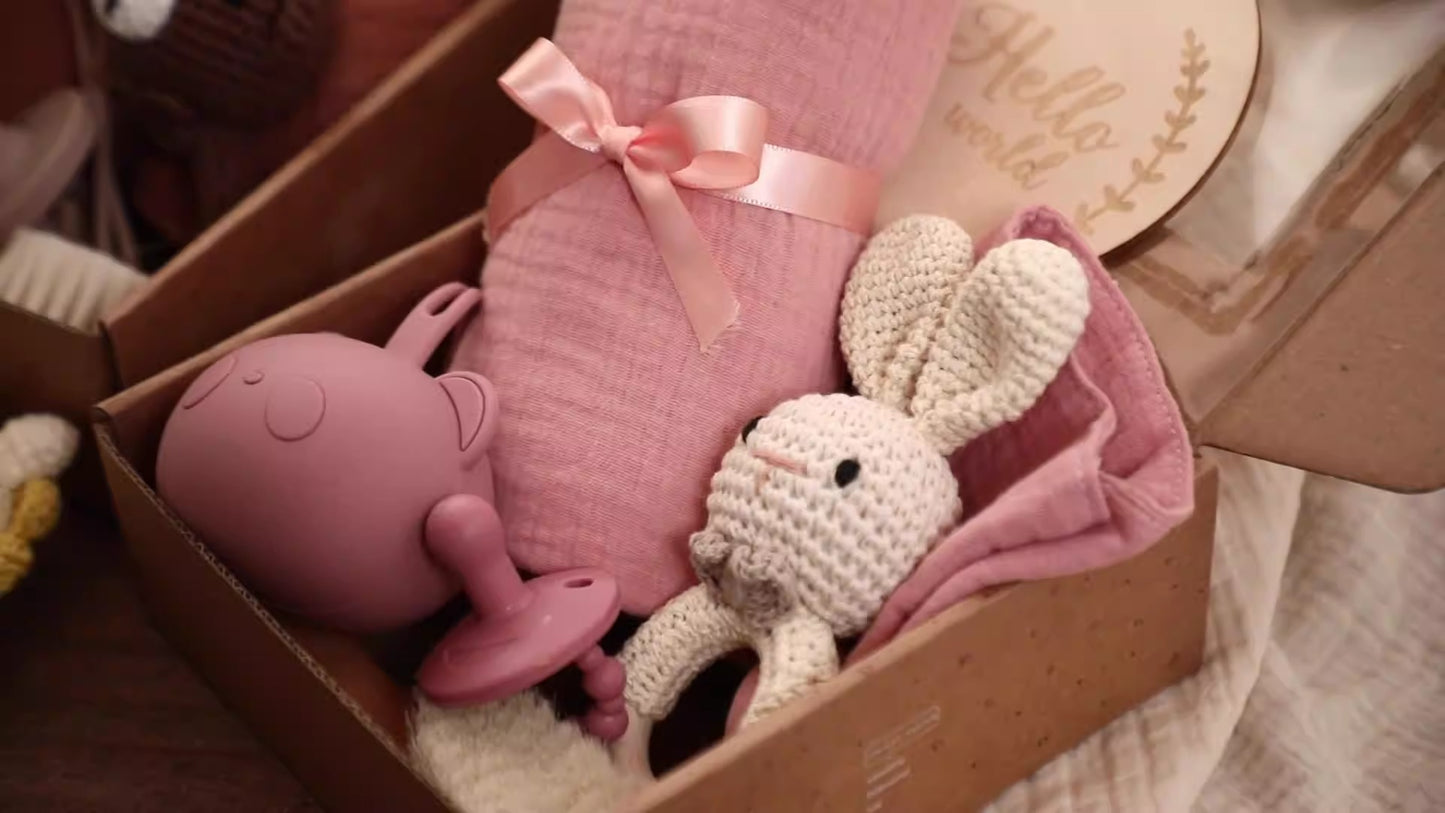 Eco Bamboo Newborn Baby Gift Box Set Bath Towel Wooden Brush Bunny Rattle Pacifier