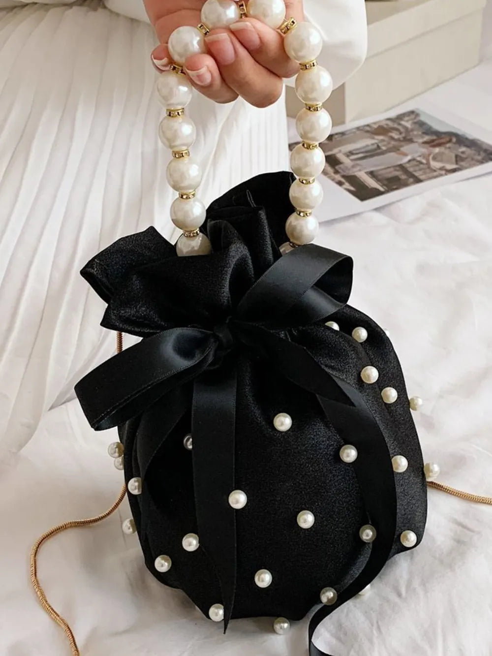 Pearl Embellished Bucket Bag Spacious Nylon Drawstring Closure Faux Leather Trim