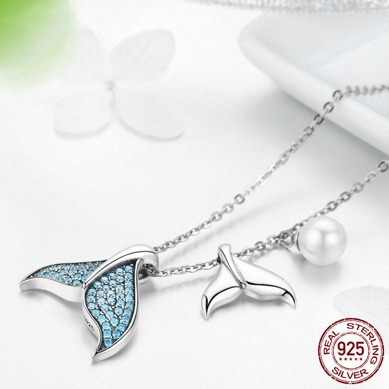 Sterling Silver 925 Zircon Pearl Mermaid Tail Elegant Necklace Gift Women 44cm