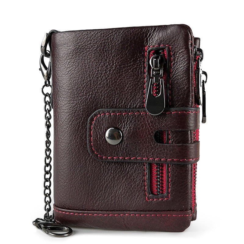 Men's Genuine Leather Wallet Bifold RFID Blocking Card Holder Chain