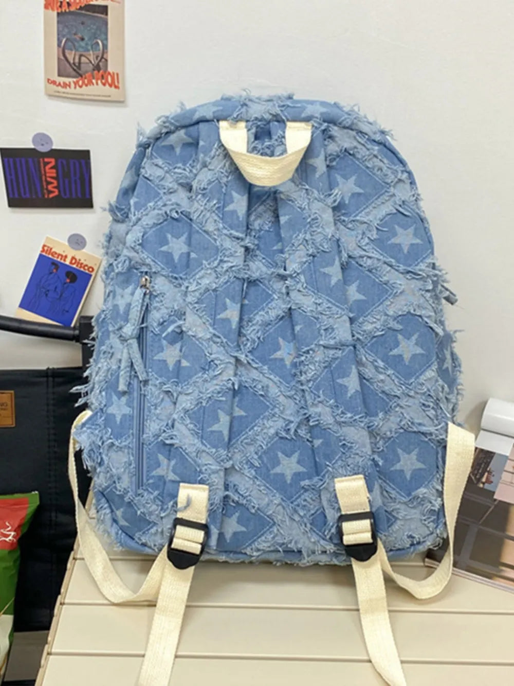 Star Denim Backpack Distressed Frayed Edge Casual Medium School Rucksack Bag
