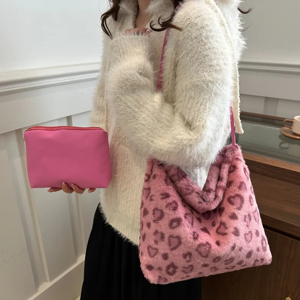 Leopard Print Shoulder Bag Furry Crossbody Spacious Lightweight Stylish Accessory