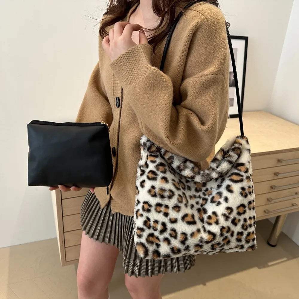 Leopard Print Shoulder Bag Furry Crossbody Spacious Lightweight Stylish Accessory