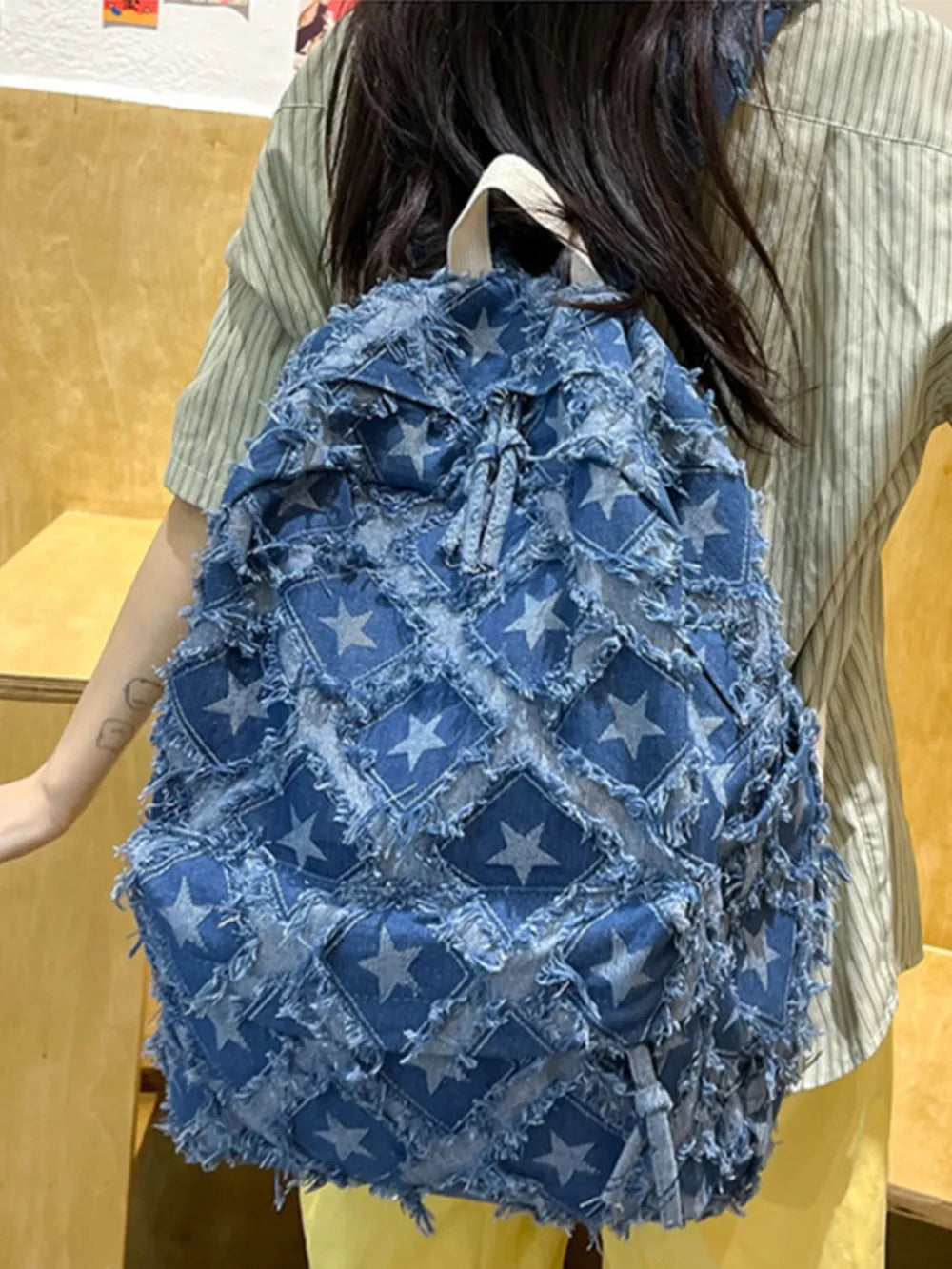 Star Denim Backpack Distressed Frayed Edge Casual Medium School Rucksack Bag