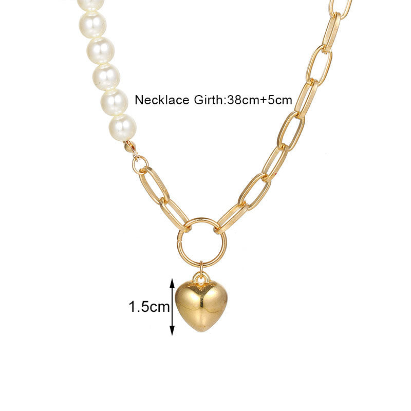 Gold Tone Womens Heart Shaped Pendant Pearl Chain Necklace