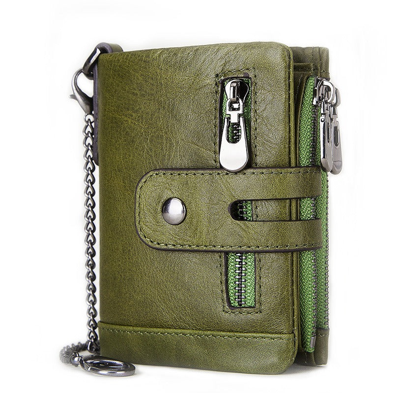 Men's Genuine Leather Wallet Bifold RFID Blocking Card Holder Chain