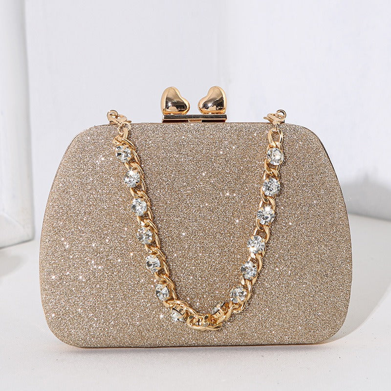 Gold Tone Glitter Gemstone Chain Handle Crystal Small Bag Handbag