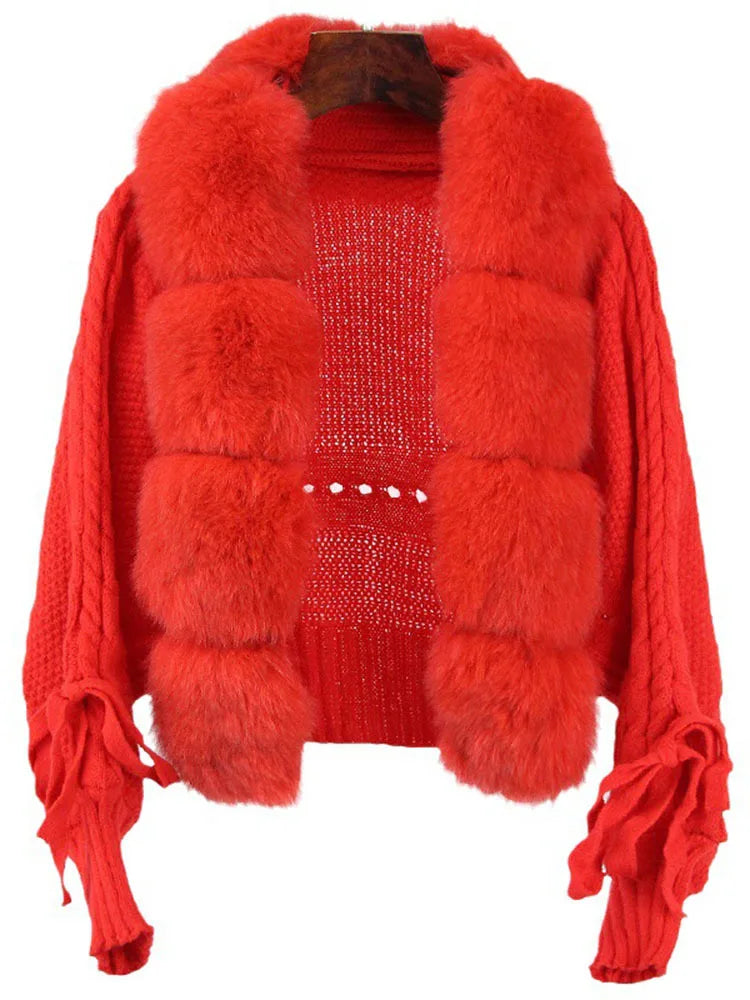 Women's Knitted Premium Faux Fur Coat V Neck Patchworks Full Sleeve Winter Jacket