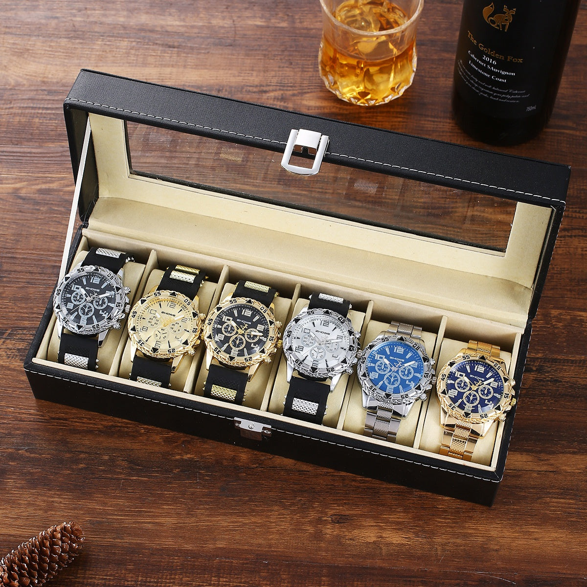 Men's Quartz Movement Steel Band Watch Six-Piece Set Elegant Presentation Box