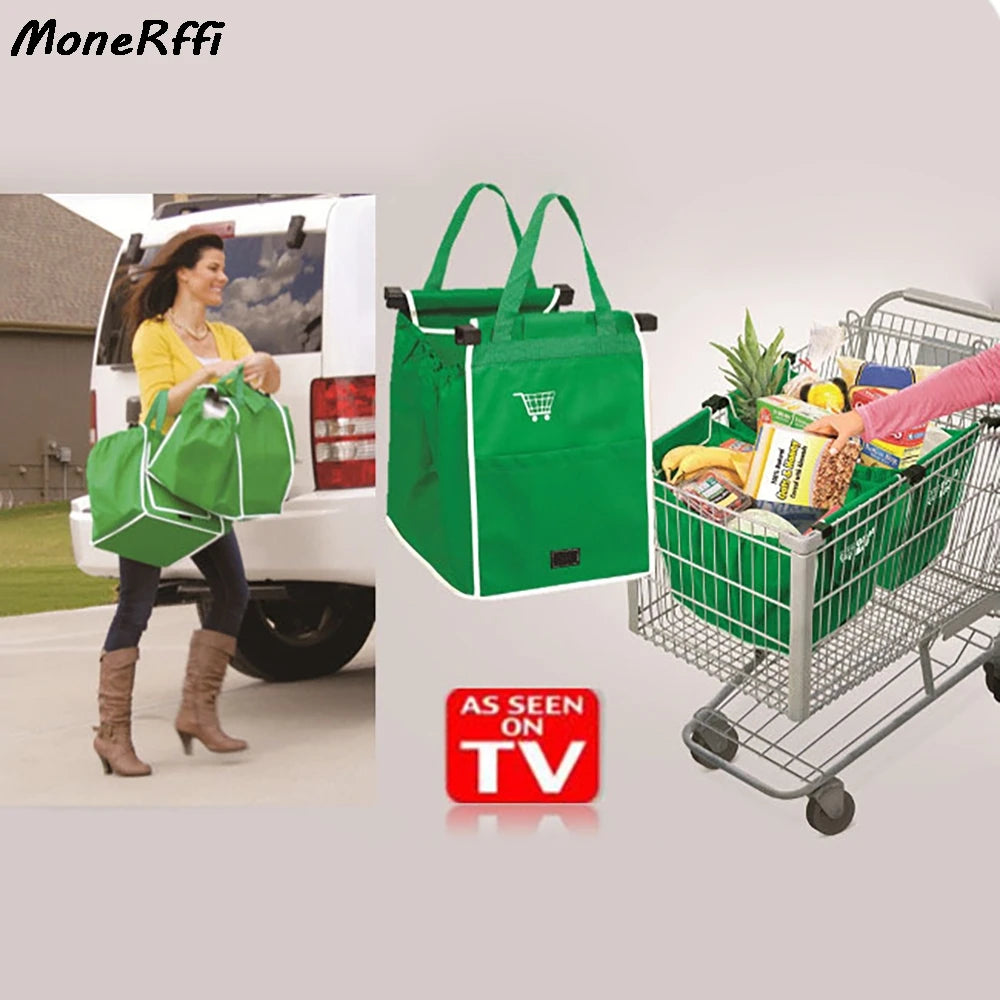 Foldable Tote Shopping Bag Large Grocery Trolley Clip Attachment Green 25cm
