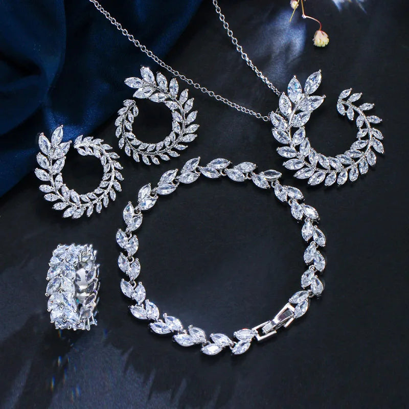925 Sterling Silver CZ Crystal Marquise Bridal Set Necklace Earrings Bracelet Jewellery