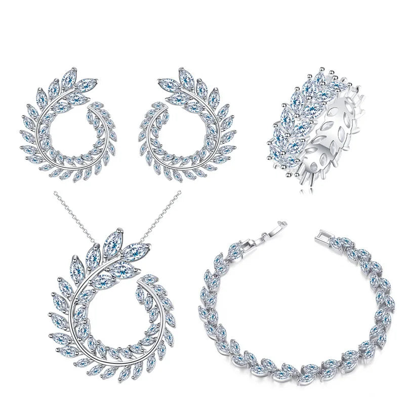 925 Sterling Silver CZ Crystal Marquise Bridal Set Necklace Earrings Bracelet Jewellery