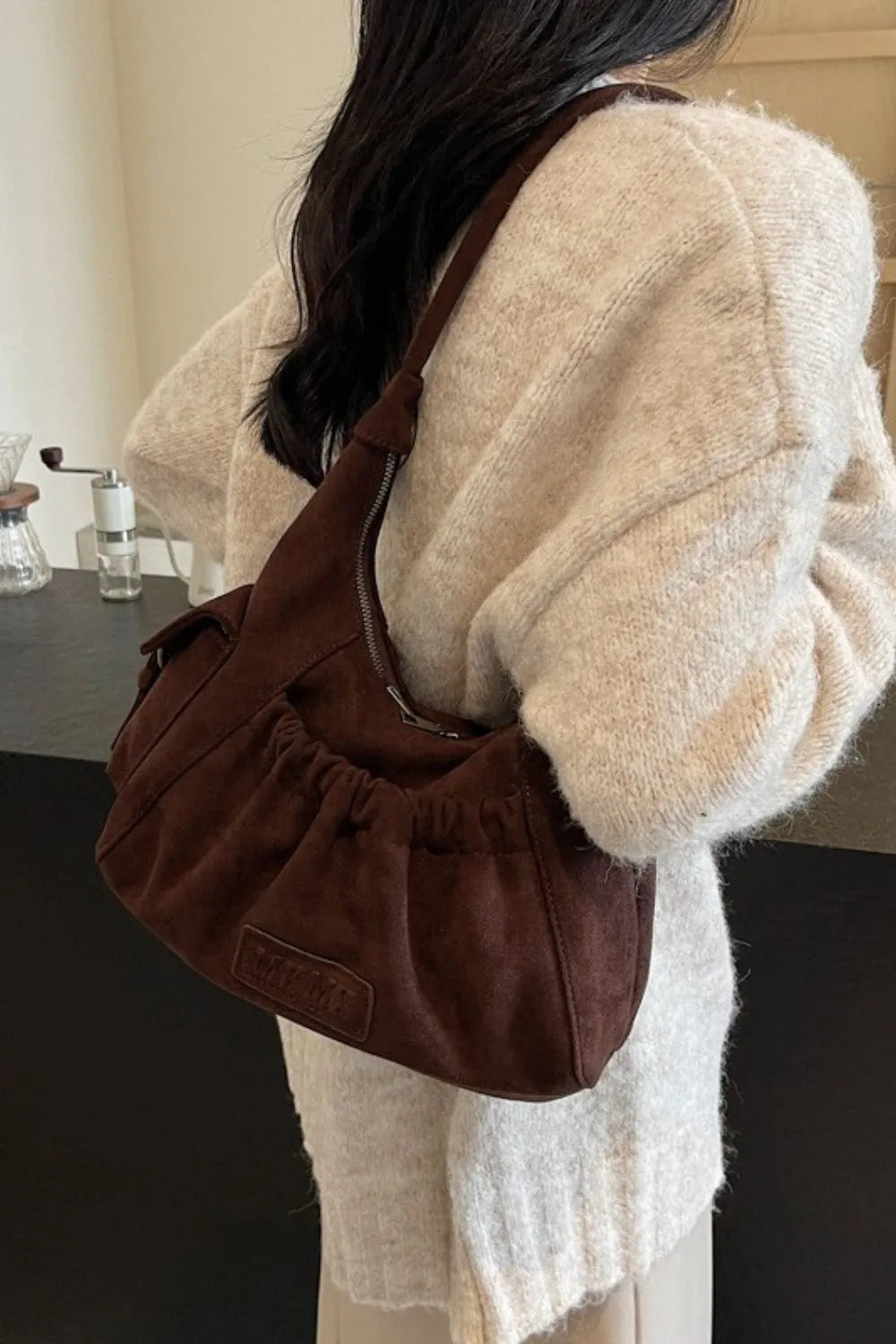 Suede Ruched Handbag Zipper Closure Elegant Evening Purse Spacious Accessory Storage