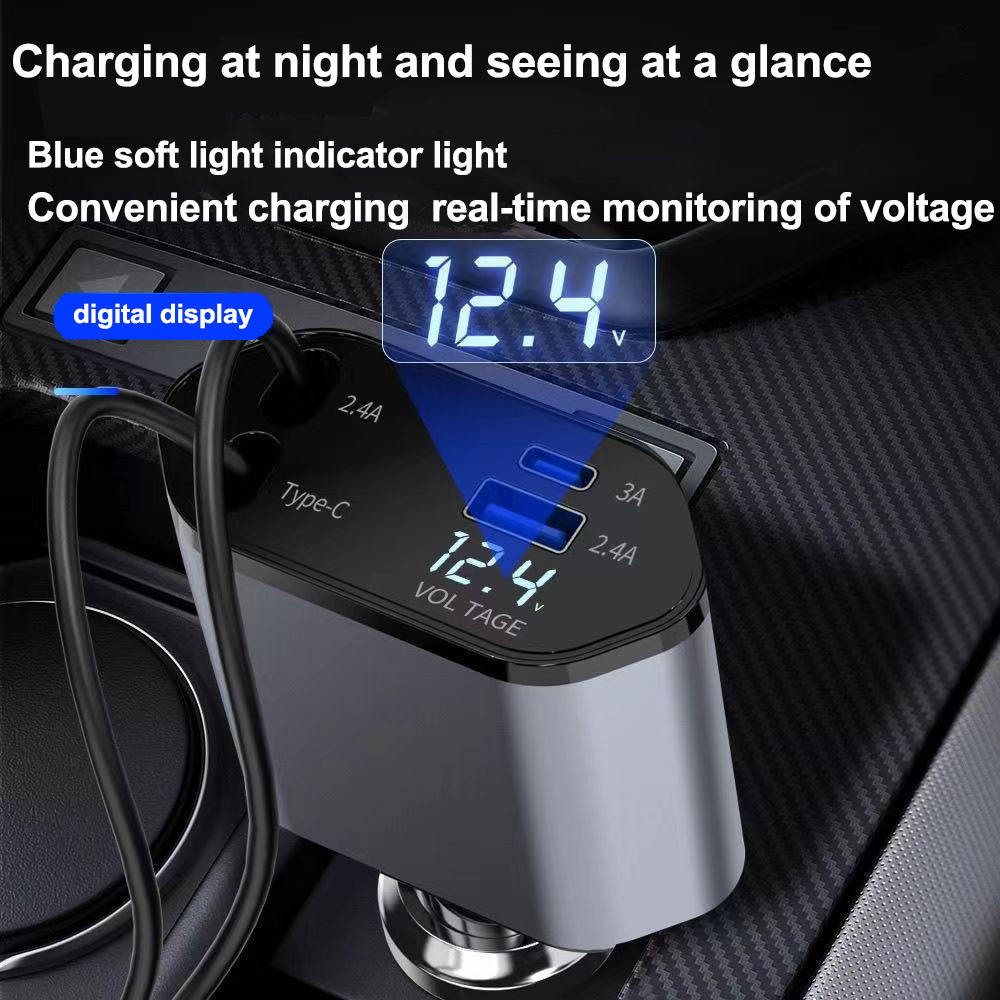 4-in-1 Retractable Car Charger 100W Fast Charging Alloy Type-C 3 Pin USB