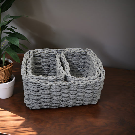 3 Piece Straw Woven Paper Rope Storage Baskets Rectangular Two Compartment Set