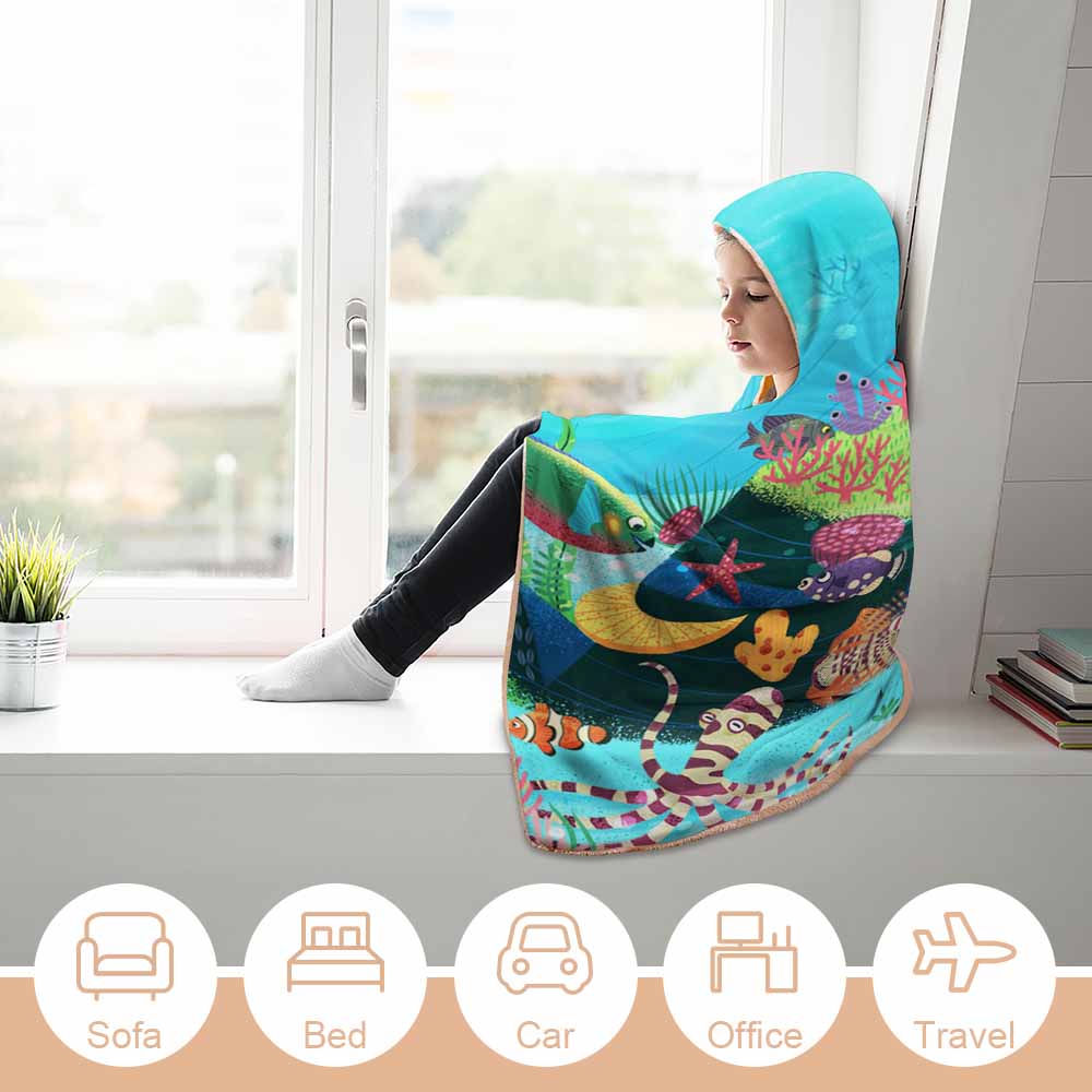 Wearable Hooded Blanket Soft Arctic Velvet Coral Reef Ocean Theme 3 Sizes