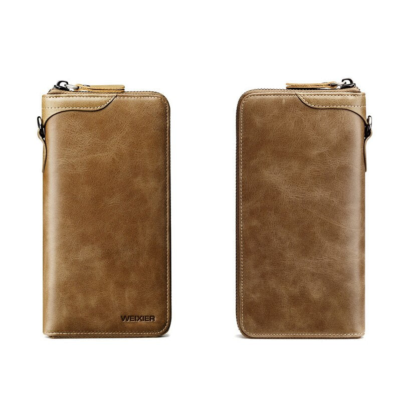 Men's Vintage Long Style Split Leather Wallet Multiple Card Slots Secure Zip Closure