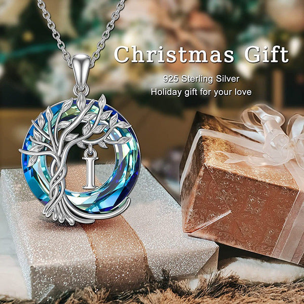 Initial Letter Tree of Life Blue Austrian Crystal Necklace Women's Jewellery