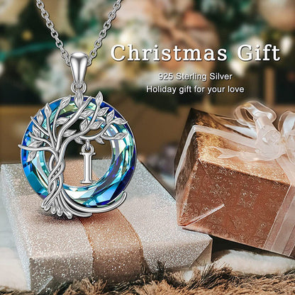 Initial Letter Tree of Life Blue Austrian Crystal Necklace Women's Jewellery