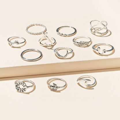 12pc Silver Midi Ring Set Vintage Moon Feather Fashion Jewellery Accessories
