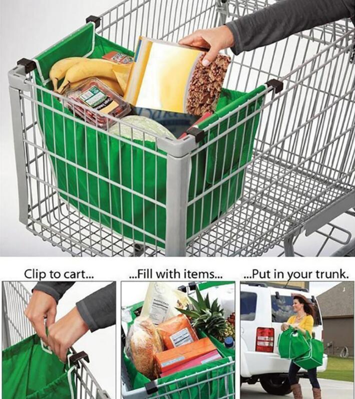 Foldable Tote Shopping Bag Large Grocery Trolley Clip Attachment Green 25cm