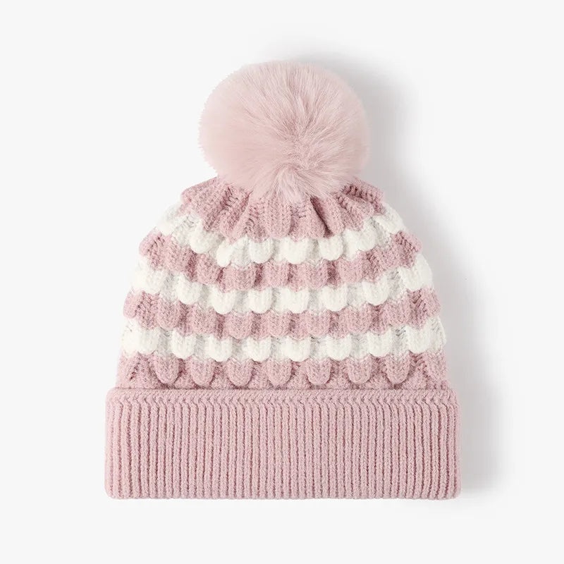 Striped Knit Beanie Hat Winter Warmth Faux Rabbit Fur Pom-Pom Stylish Comfort