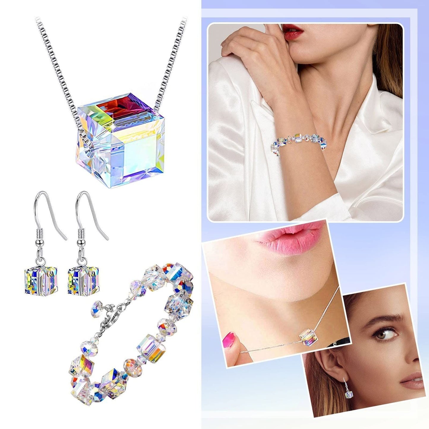 Women's Crystal Bracelet Necklace Earring Set Jewellery Cubed Drop Dangle Hook