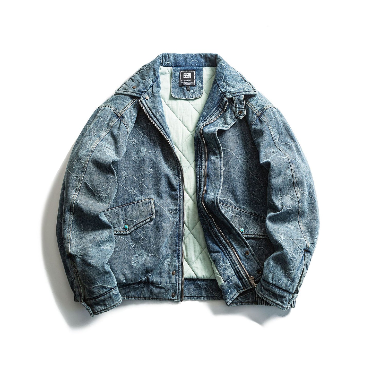 Vintage Jacquard Pattern Thick Insulated Denim Cotton Winter Outerwear for Men