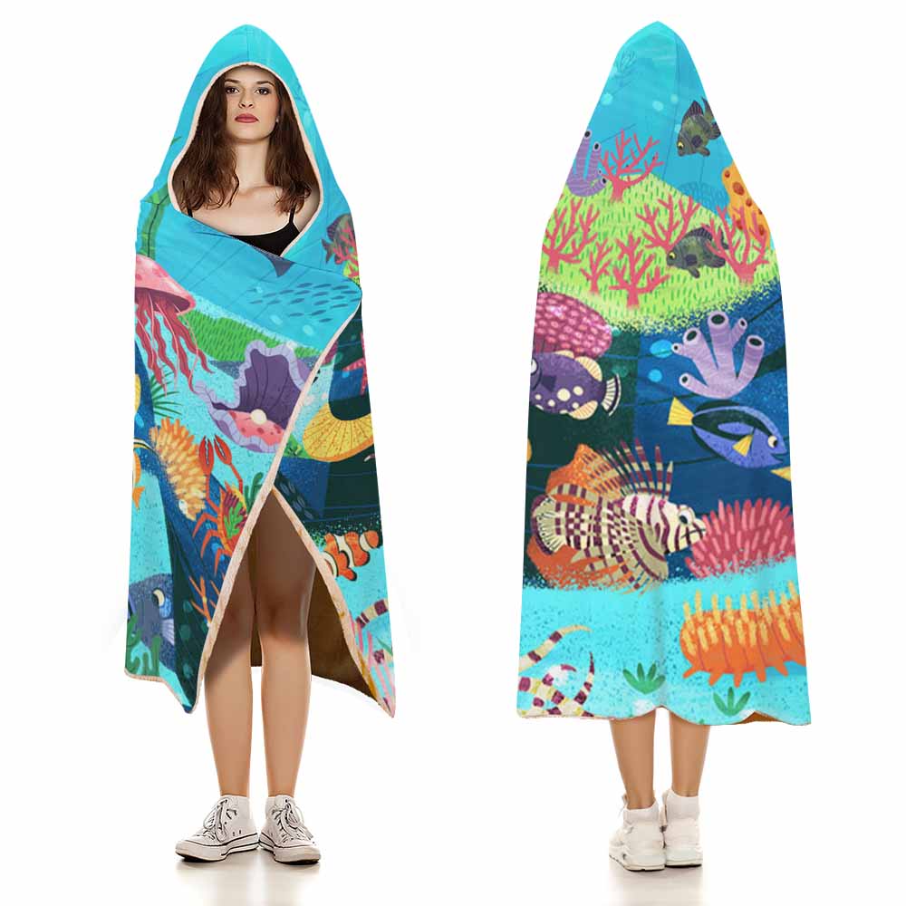 Wearable Hooded Blanket Soft Arctic Velvet Coral Reef Ocean Theme 3 Sizes