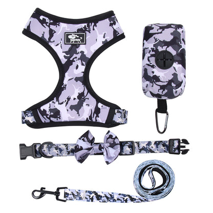 4pc Camo Dog Harness Set Leash Collar Poop Bag Dogs Supplies Rope Lead