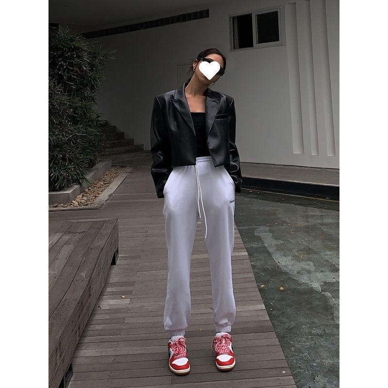Women's Black Cropped Leather Jacket Long Sleeve Urban Style Fashion Trend