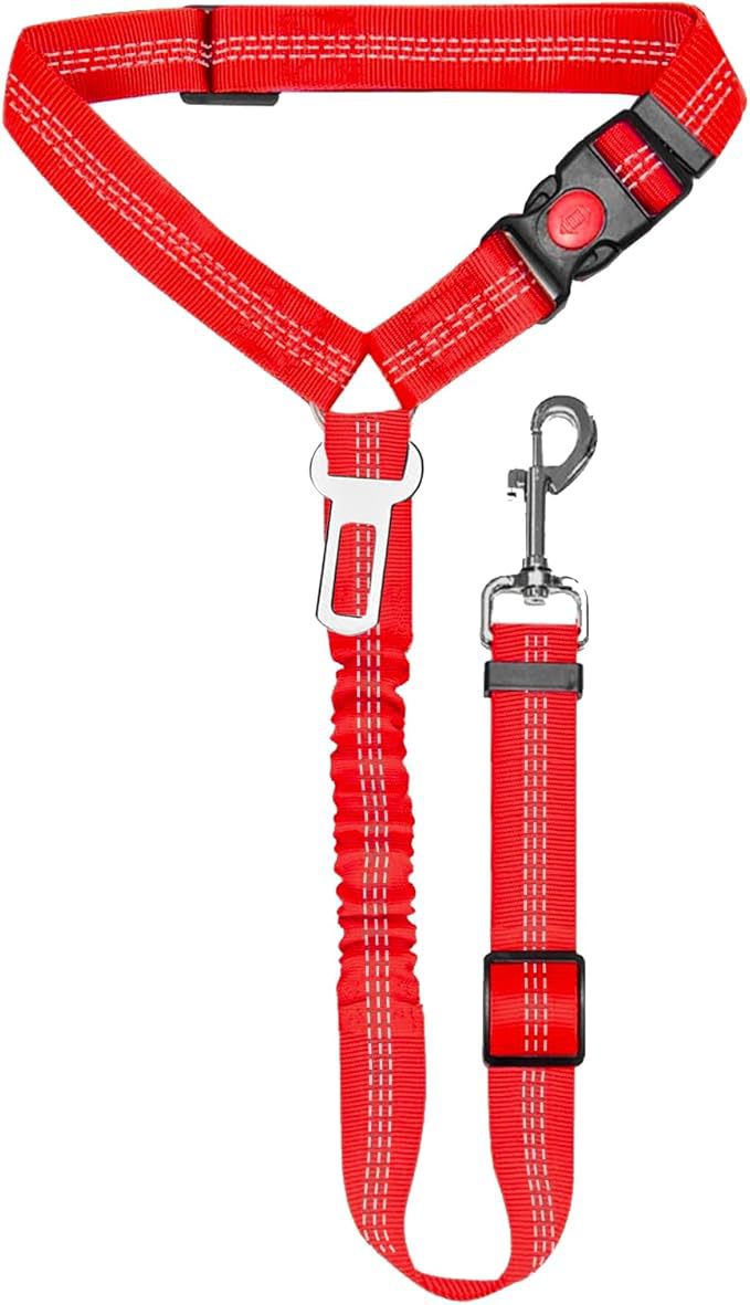 Pet Car Seat Belt | Adjustable Dog Safety Harness with Bungee Buffer, 360° Swivel Clip