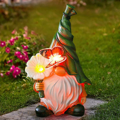 Solar Powered Garden Gnome Lamp, Resin Outdoor Decor with Flower and Butterfly