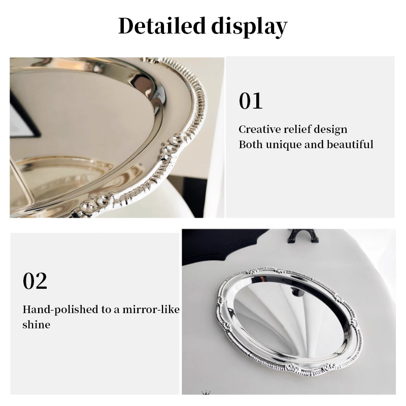 Vintage Embossed Silver Tray 304 Stainless Steel Dessert Snack Jewellery Storage