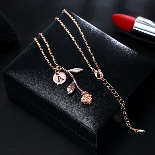 Rose Gold Silver 26 Letter A-Z Dangle Rose Pendant Necklace Birthday Gift