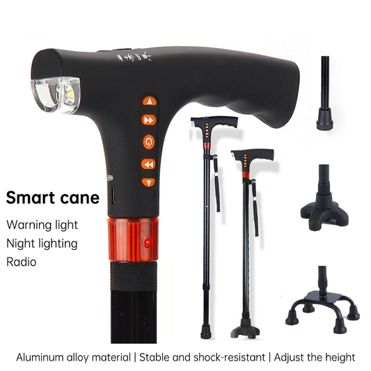 Adjustable Smart Walking Cane Elderly LED Safety Light Alarm Radio Grip Handle
