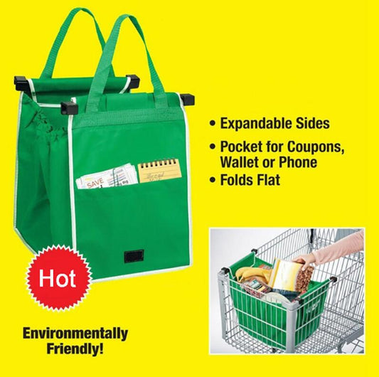 Foldable Tote Shopping Bag Large Grocery Trolley Clip Attachment Green 25cm