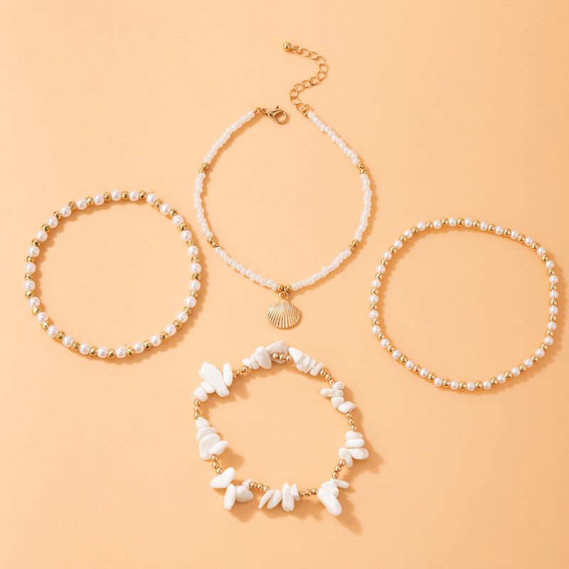 Set of 4 Beach Holiday Beaded Multi-layer Anklet Pearl Dangle Jewellery Womens