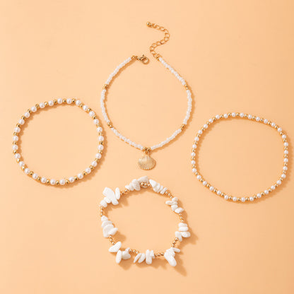 Set of 4 Beach Holiday Beaded Multi-layer Anklet Pearl Dangle Jewellery Womens