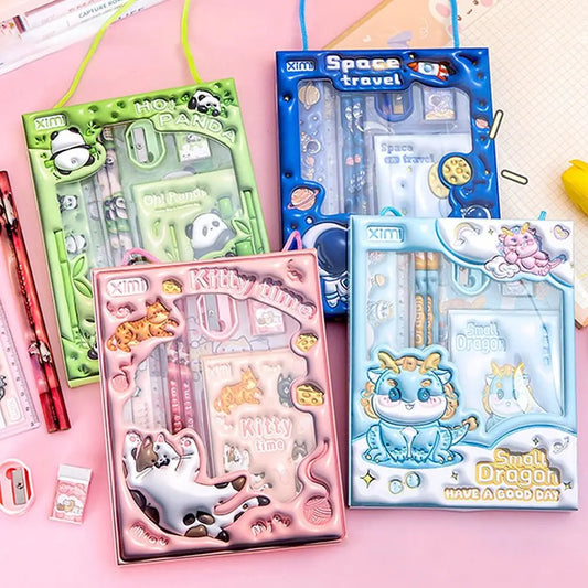 Premium 6-in-1 Study Stationery Set Gift Kids Pencils Rulers Erasers Notebooks