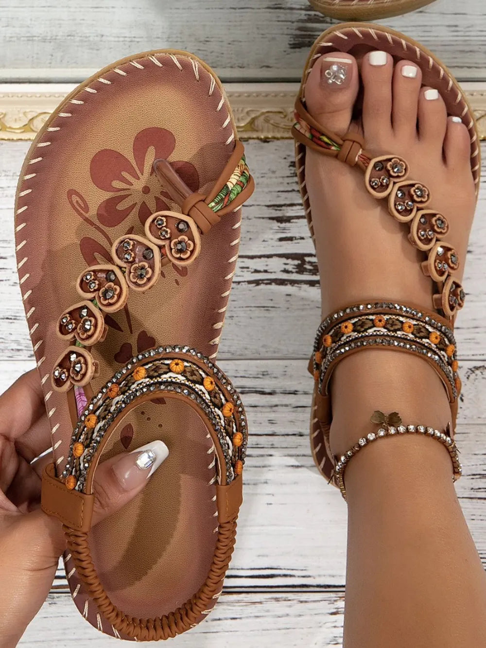 Women's Ethnic Beaded Flat Sandals Summer Beach Shoes Slip-On TPR Sole Sizes