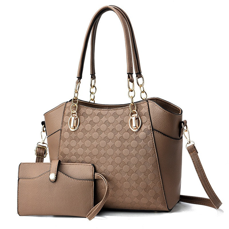 2pc Leather Large Capacity Tote Bag Womens Chain Shoulder Bag Khaki