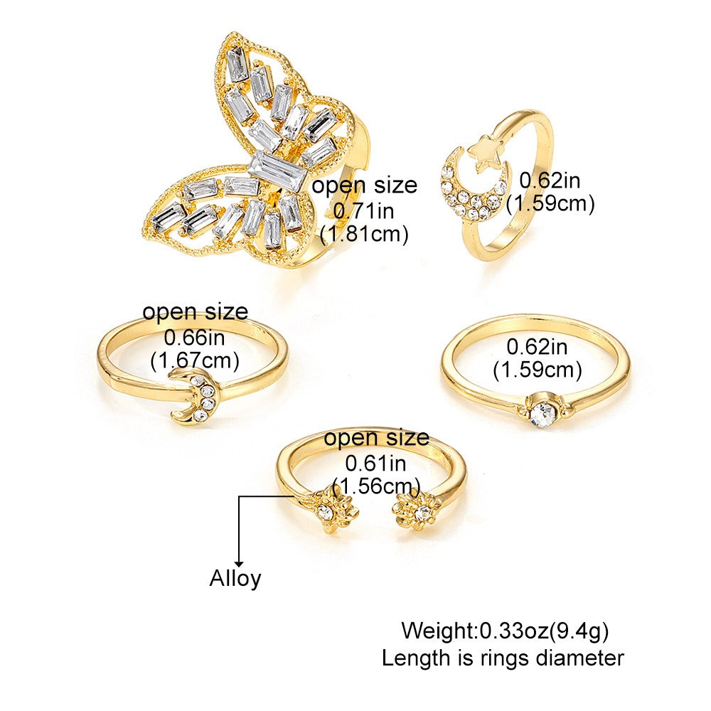 Women’s Gold Tone Midi Ring Set Butterfly Star Moon Jewelry Adjustable Rings