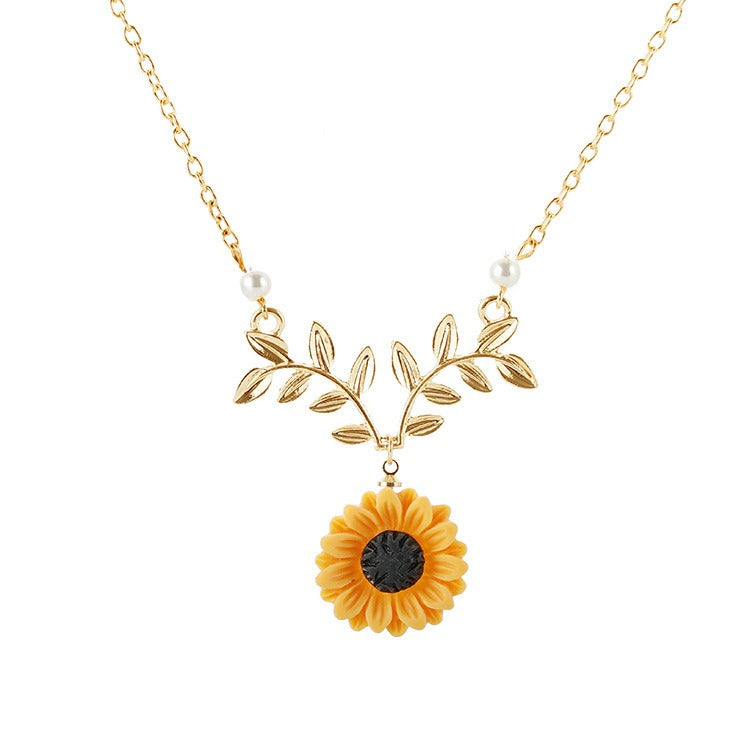 Silver Rose Gold Sunflower Floral Necklace Pearls Chain Jewellery Women