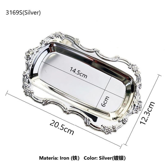 Vintage Embossed Silver Tray 304 Stainless Steel Dessert Snack Jewellery Storage