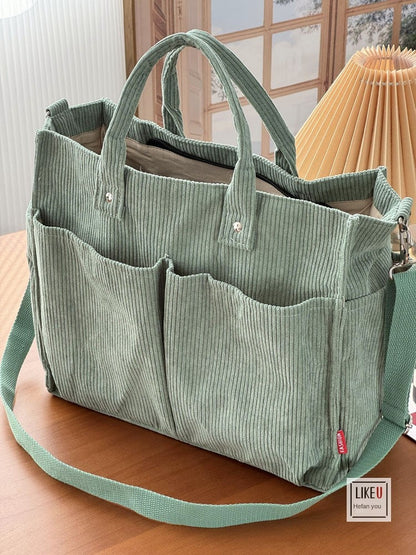 Womens Autumn Winter Corduroy Shoulder Tote Multi-Pocket Durable Spacious Bag