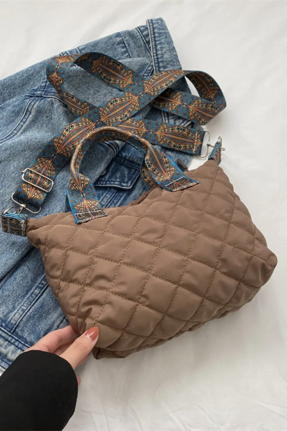 Bubble Quilted Handbag Printed Strap Oxford Cloth Casual Shoulder Bag 34.5cm