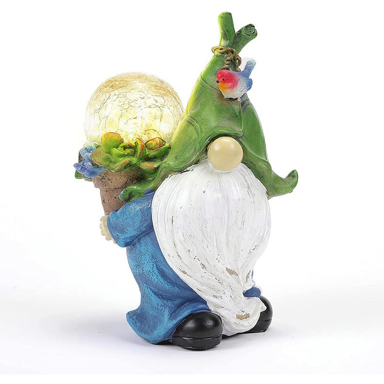 Solar Powered Garden Gnome Sculpture with Illuminating Glass Orb Outdoor Decor