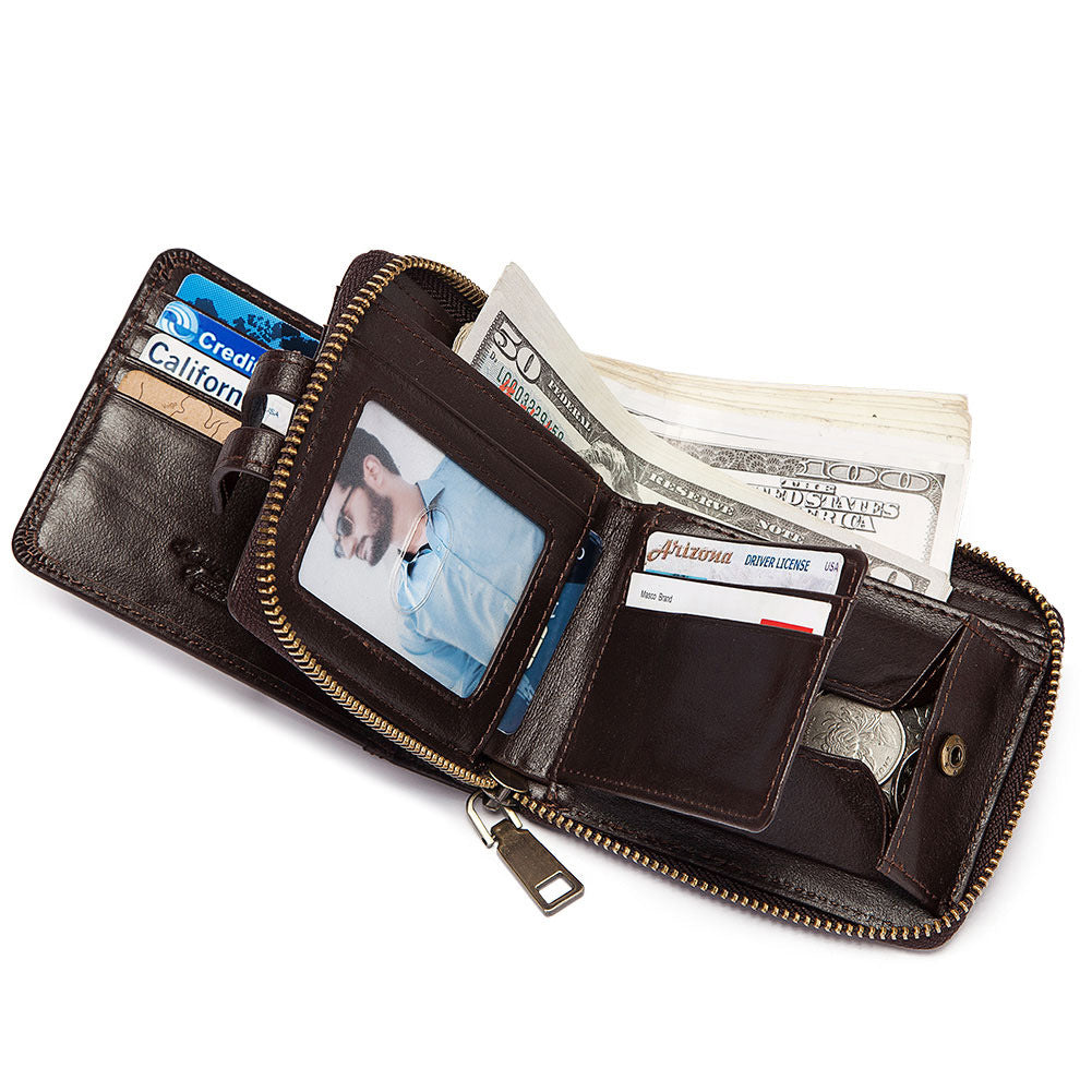 Men's Anti-Theft Leather Wallet Secure Zip Coin Purse RFID Blocking Card Slots