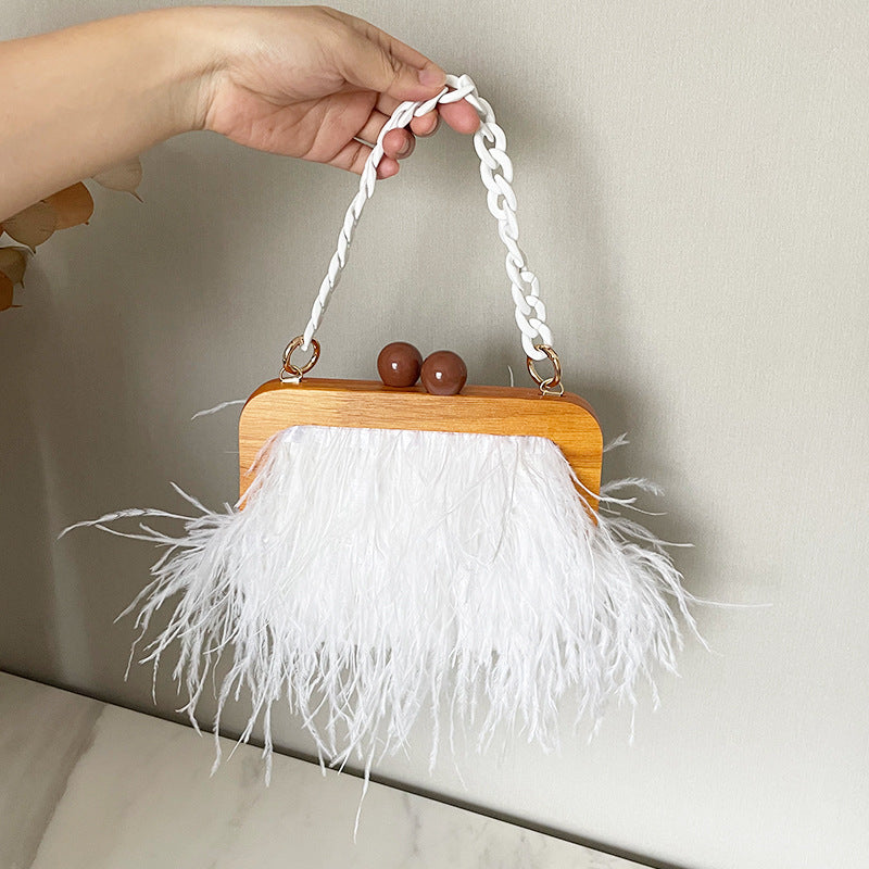 Acrylic Chain Women’s Tassel Banquet Bag Wooden Frame Shaggy Bags